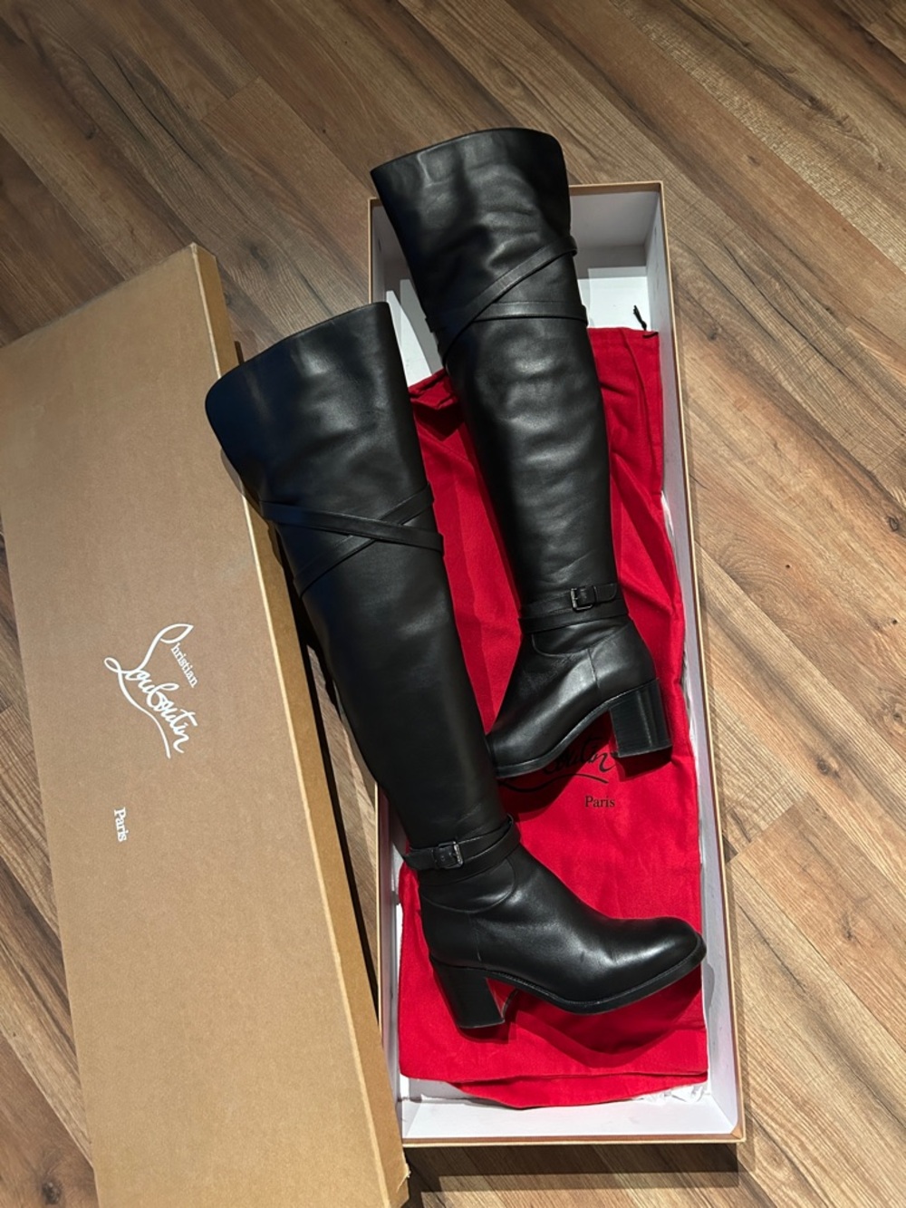 Christian Louboutin Black Leather Over-The-Knee Wrap Boots